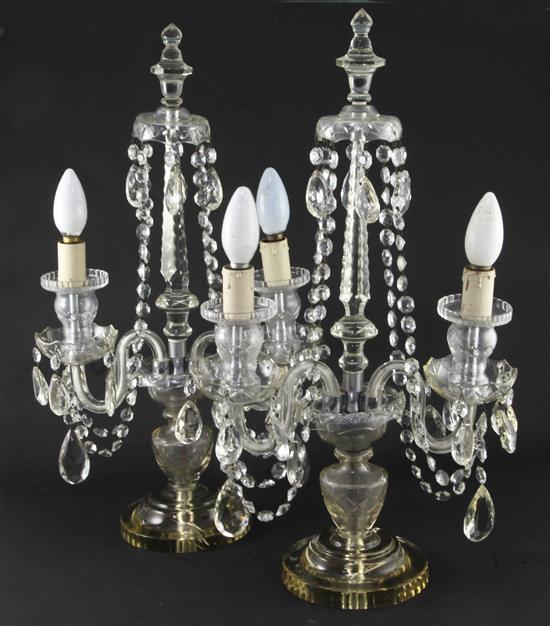 A pair of early 20th century cut glass lustre hung glass table lamps, 22in.